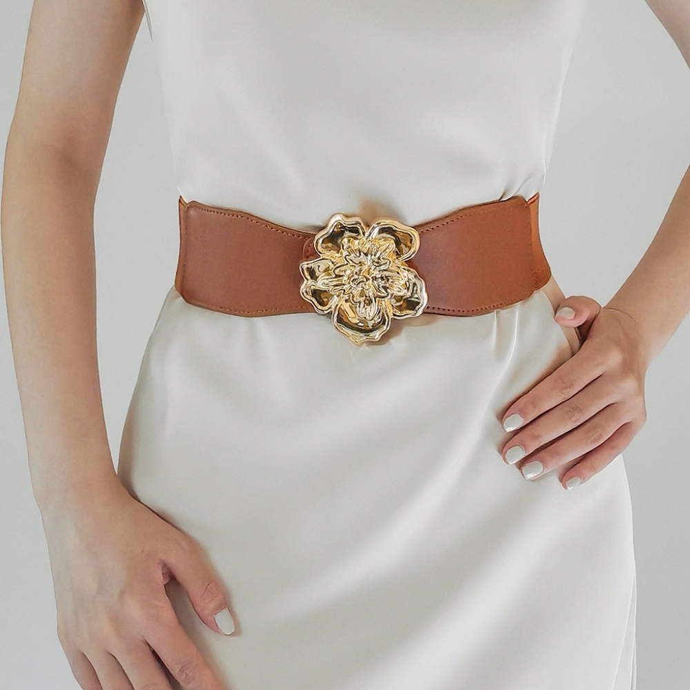 Caramel Elastic Belt with Gold Buckle